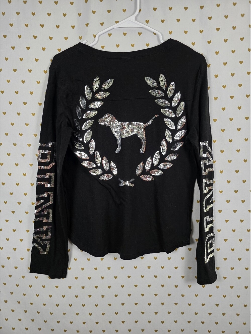 Victorias Secret PINK Long Sleeve Black Bling crest Sequined Tee shirt Medium